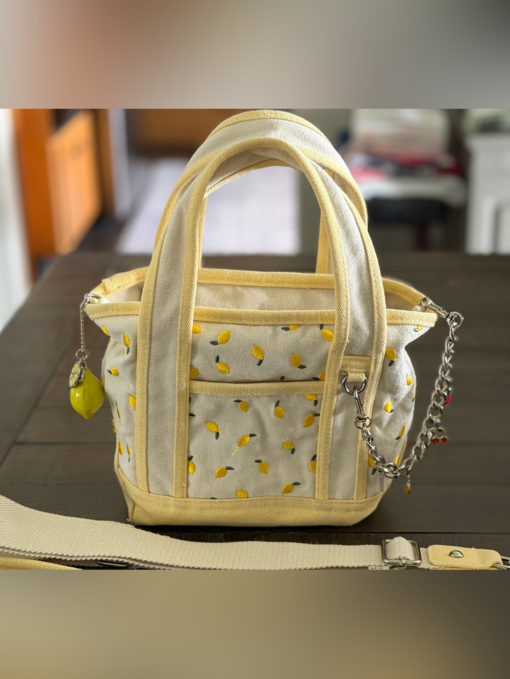 Madden Girl Yellow Lemon Print Crossbody Tote with Charms